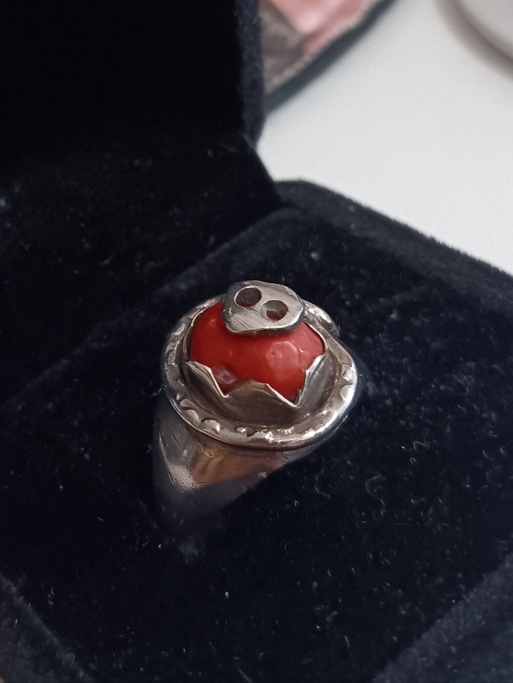 Effie Calvaza  Zuni Red Coral and Silver Snake  Ring